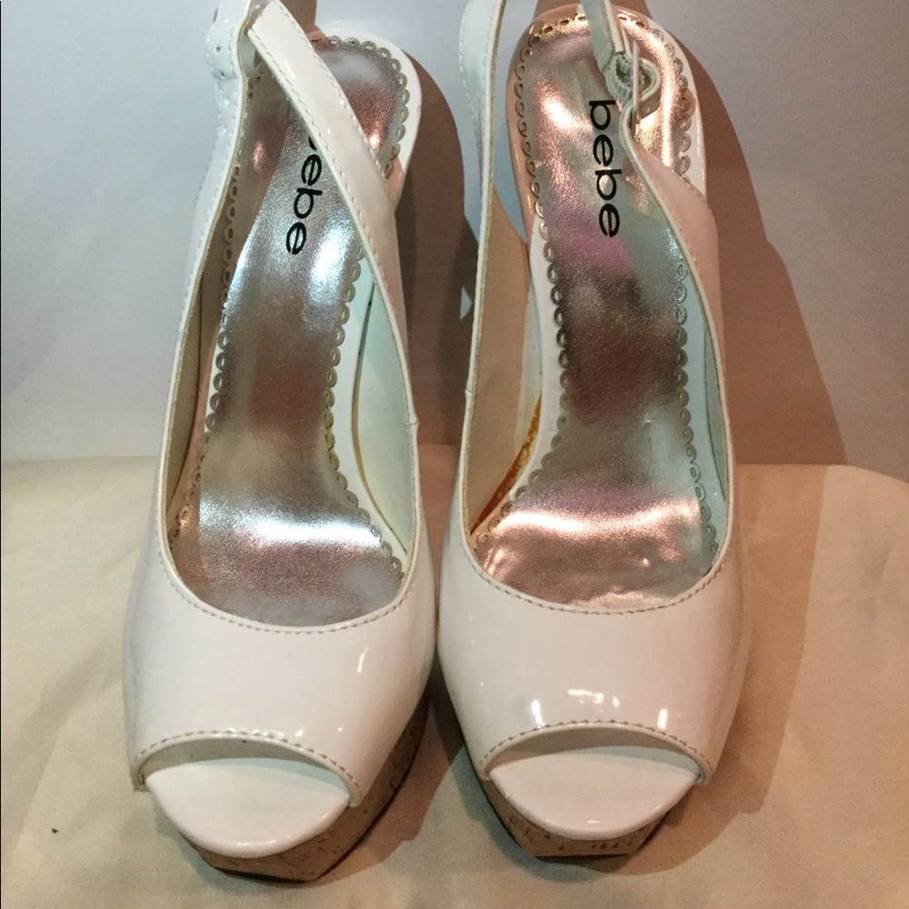 Bebe White patent cork heels